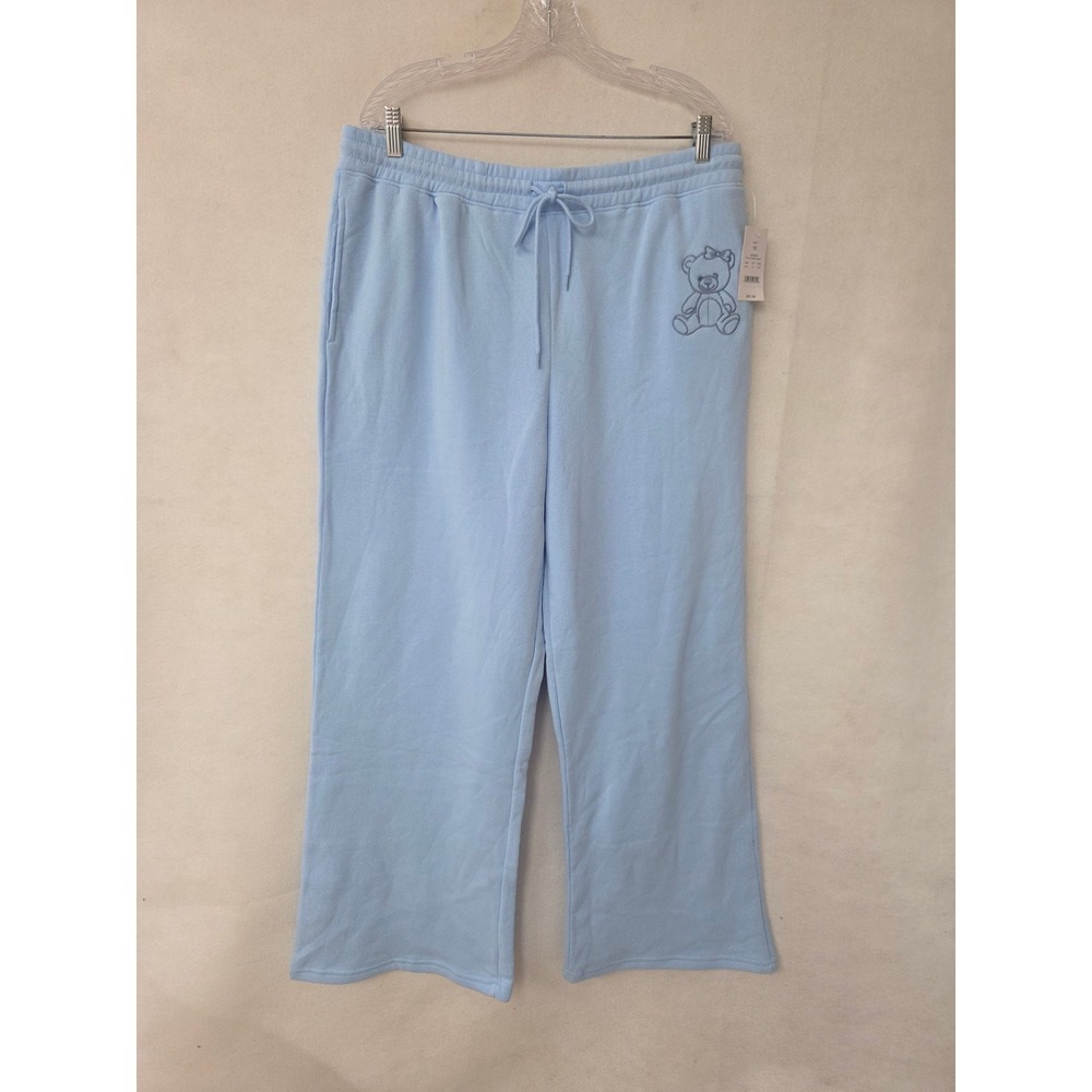 Zoe + Liv Wide Leg Sweatpant Women 1X Zen Blue Embroidered Teddy Bear Kawaii NWT